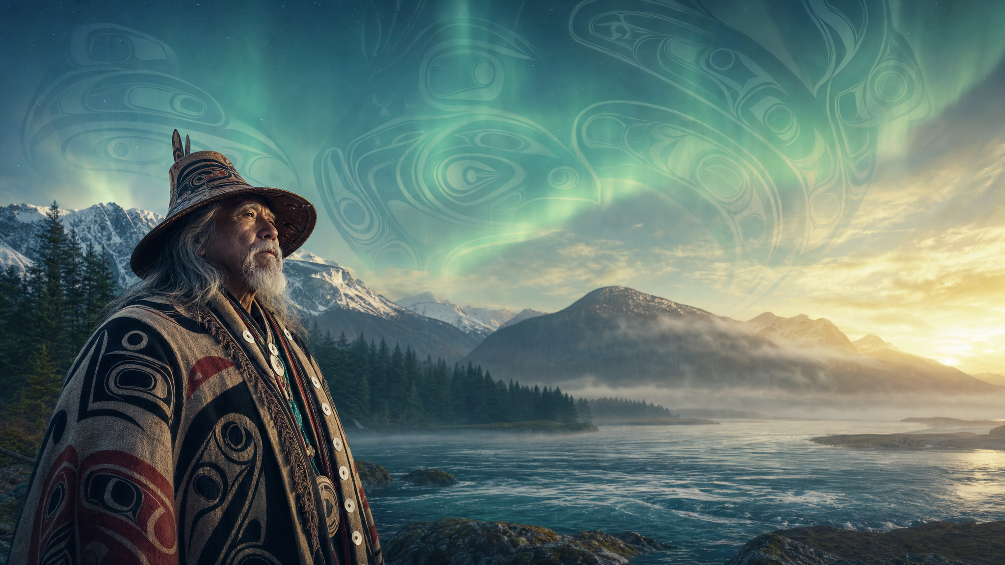 Chief Situk on the misty shoreline where the Situk River meets the Pacific