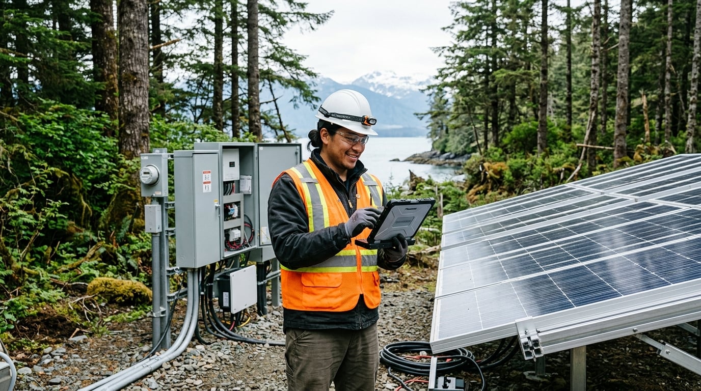 An Indigenous engineer in a high-visibility vest and hard hat reviewing a modern solar array and microgrid equipment in an Alaskan coastal forest