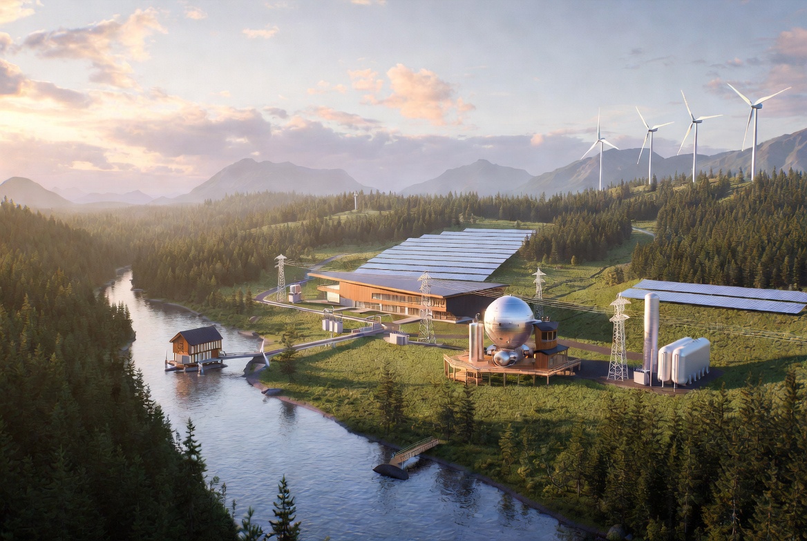 Aerial vision of a regenerative energy campus beside the Situk River — micro-hydro, solar, wind, and hydrogen storage nestled in the forest