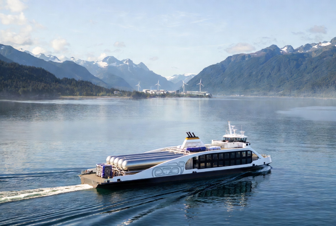 A hydrogen-powered ferry crossing calm Alaskan waters with a clean-energy shoreline and wind turbines in the distance