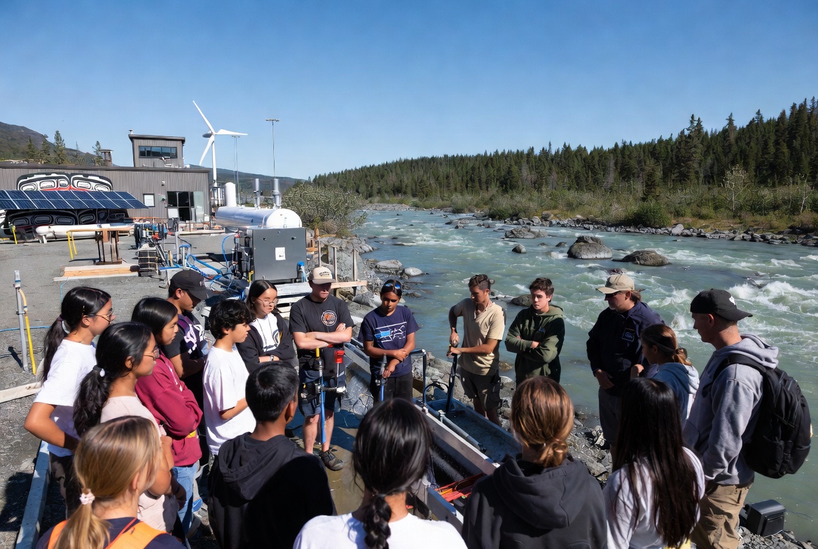 Community members and students learning at a micro-hydro training site beside a rushing Alaskan river